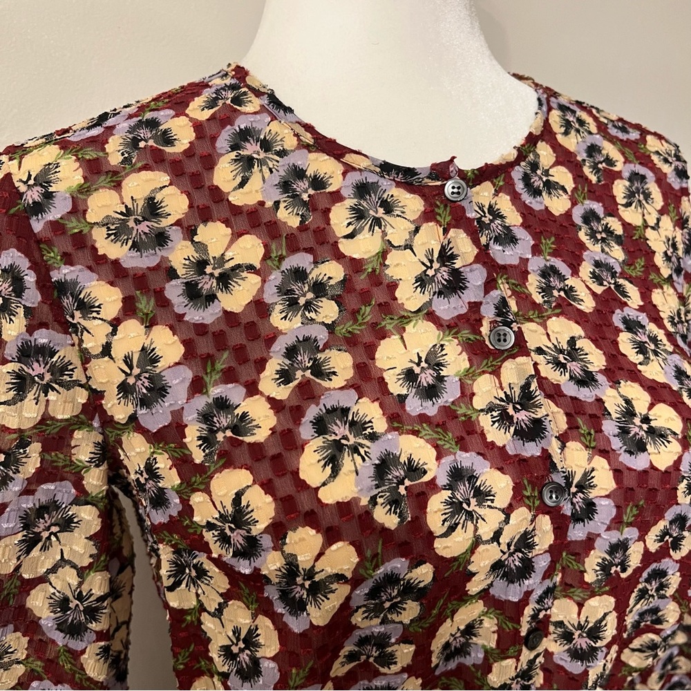 Madewell Drawstring Ruffle-Hem Top in Viola Floral EUC XS Pansy Dusty Burgundy - Picture 12 of 12